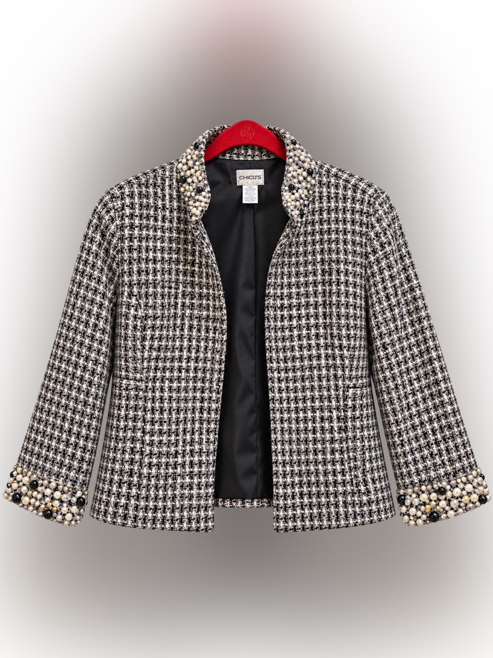 Chico's Black and White Houndstooth Tweed Pearl-Trim Jacket